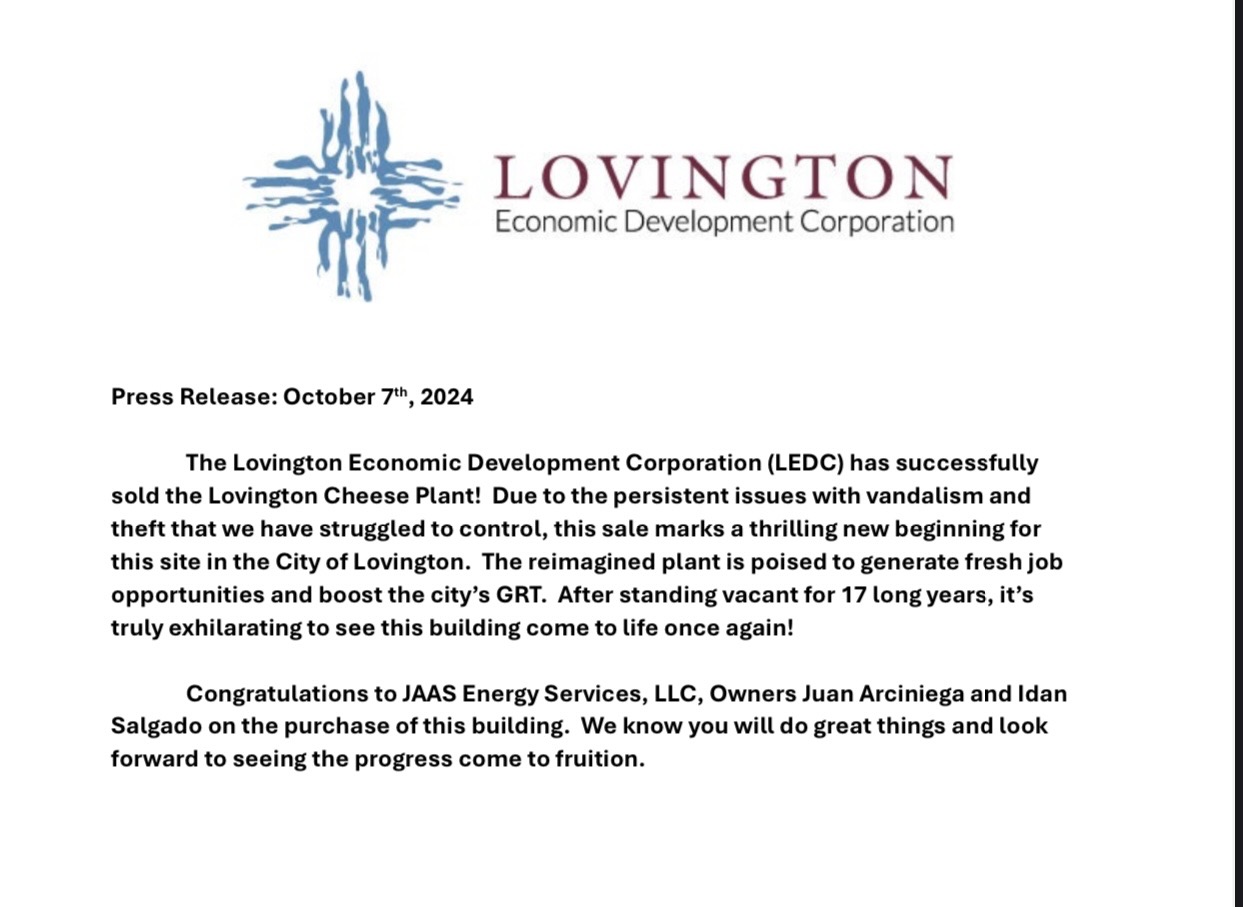 Lovington Cheese Plant Sold! Photo - Click Here to See